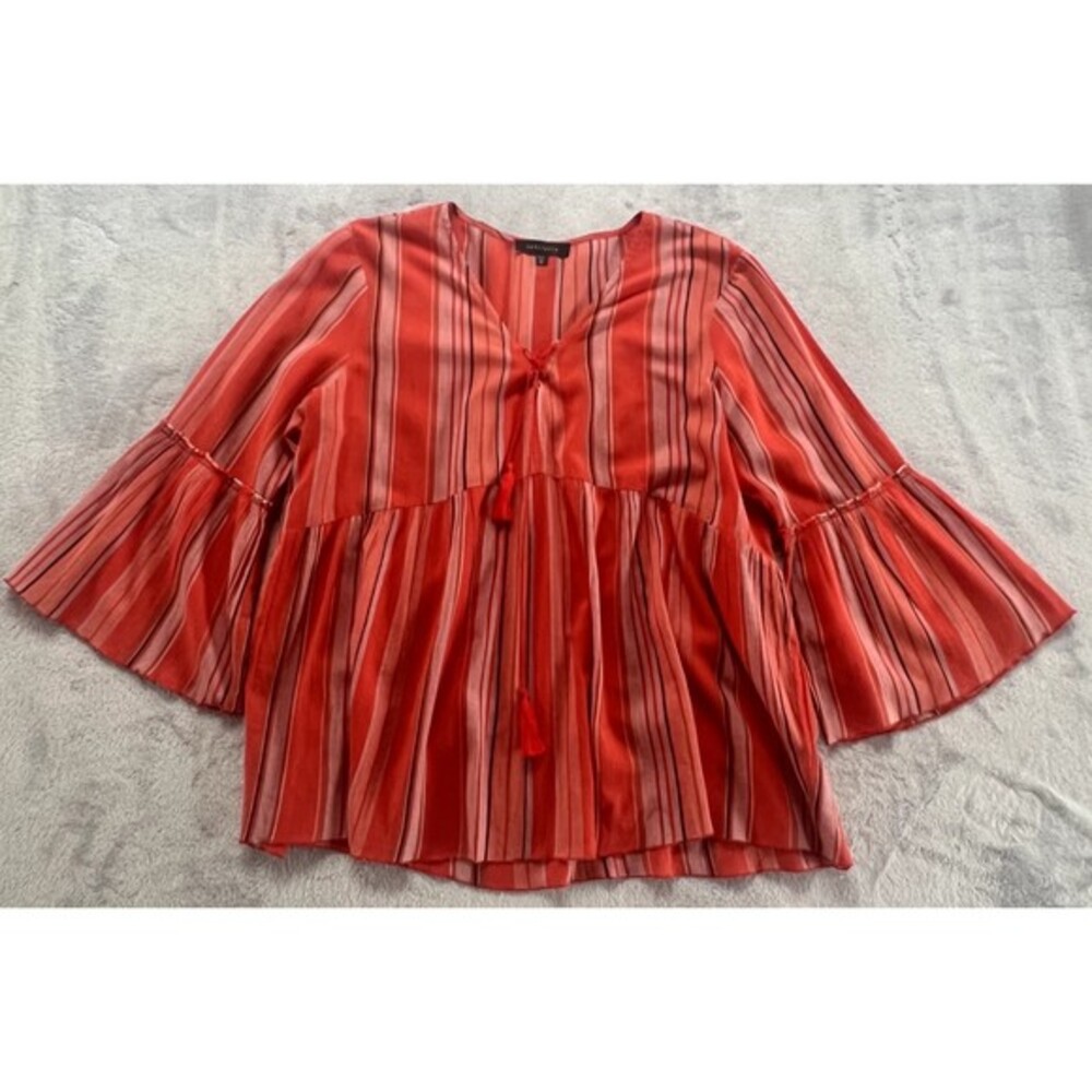 Sanctuary Top Womens M Orange Striped Bell Sleeve Peasant Sedona V Neck Blouse‎